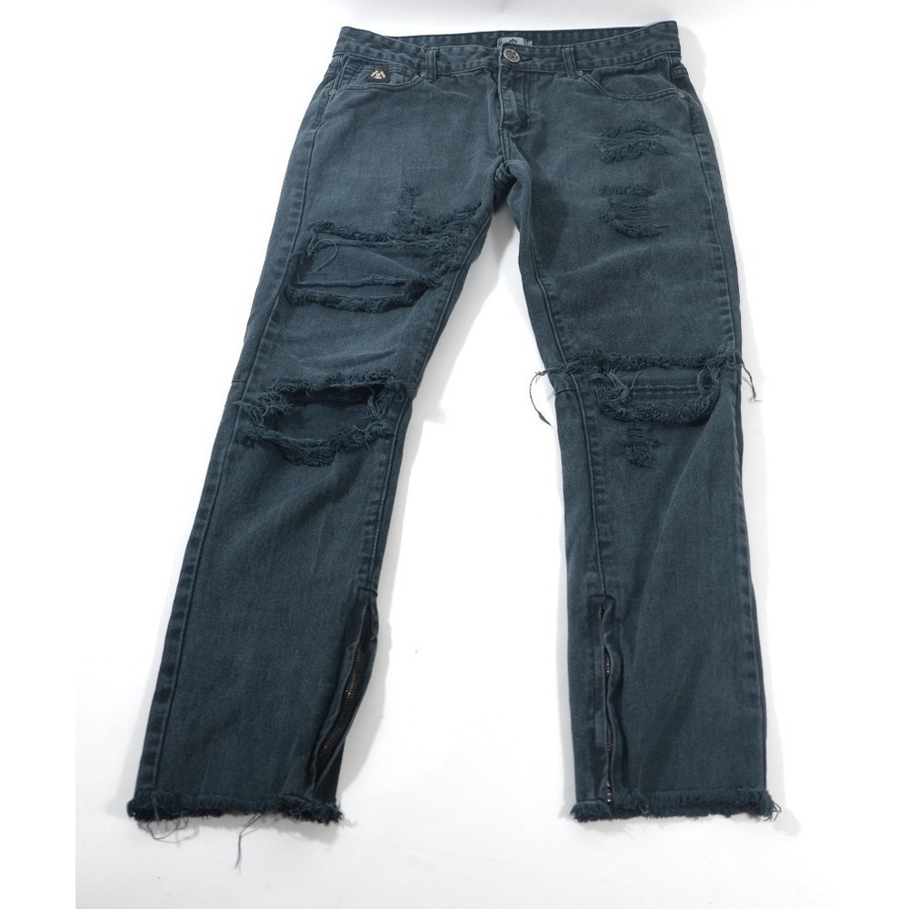 Uncle‎ Ralph Jeans Mens 32 Black Distressed Denim Zipper Ankle Frayed Raw Hem